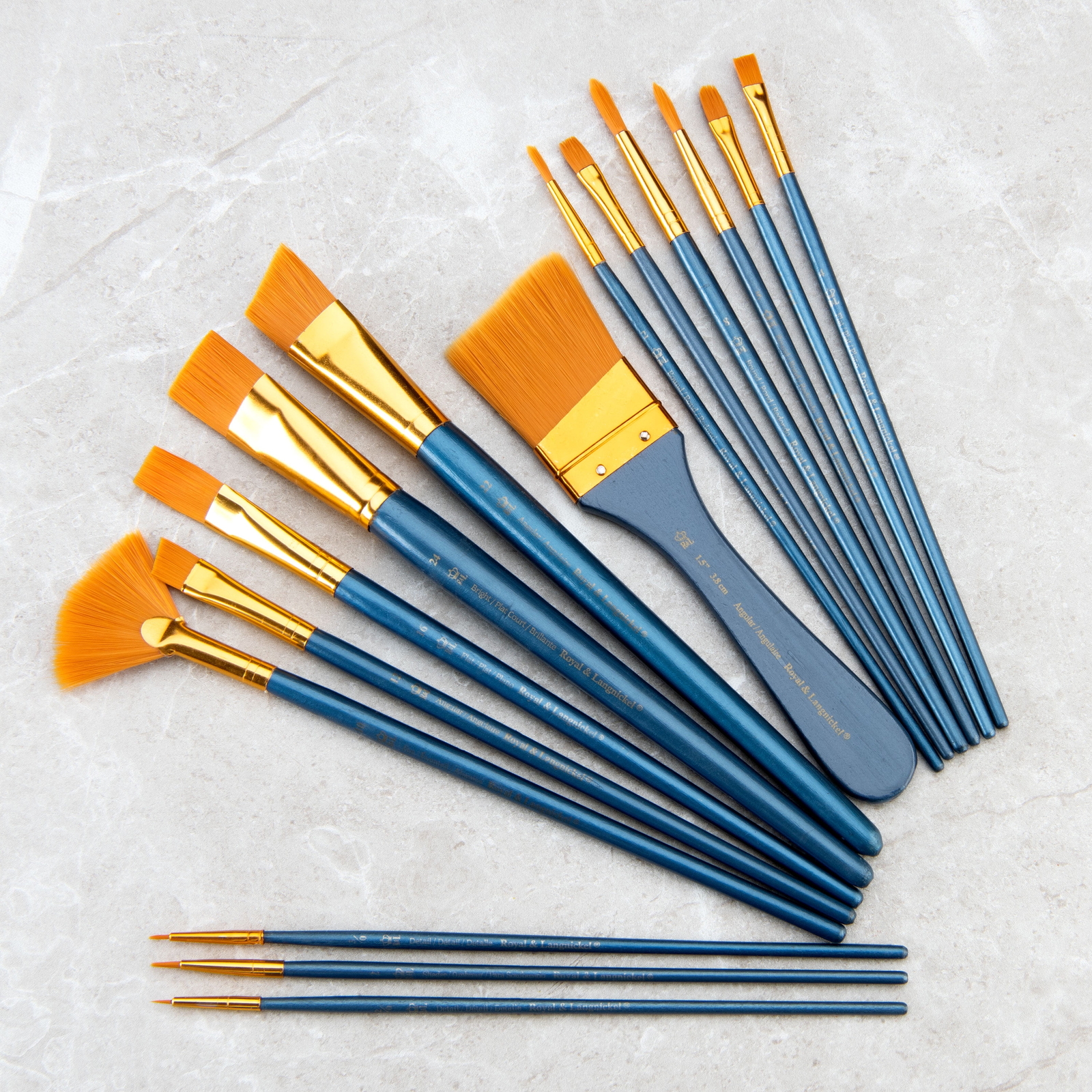 Nickel - Gold Long Assorted Large Brush Acrylic Paintbrush Set - Set of 15