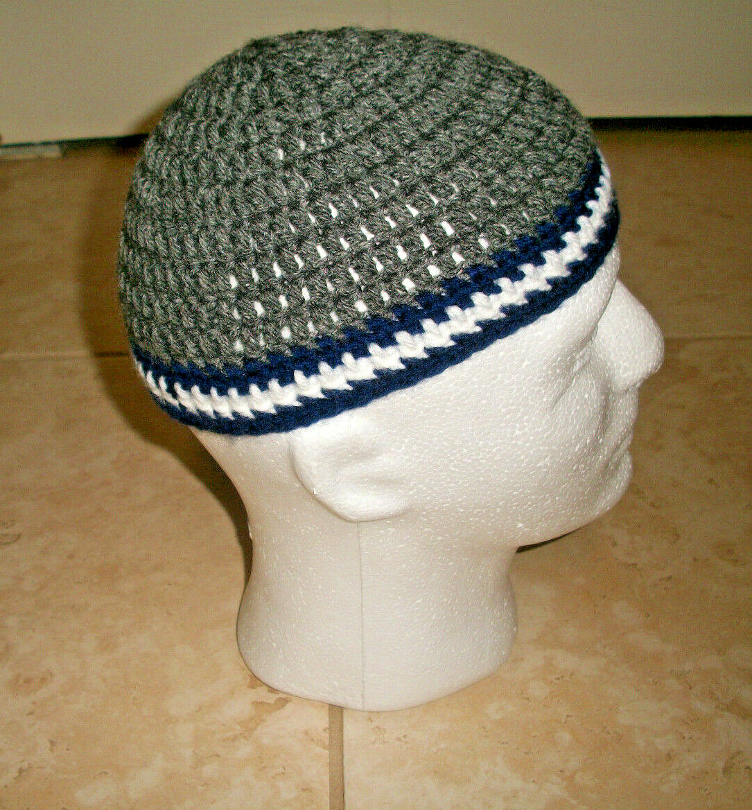 Adult Handmade Crochet Skull Cap Hat Beanie Topi Kufi GRAY WHITE NAVY BLUE Biker