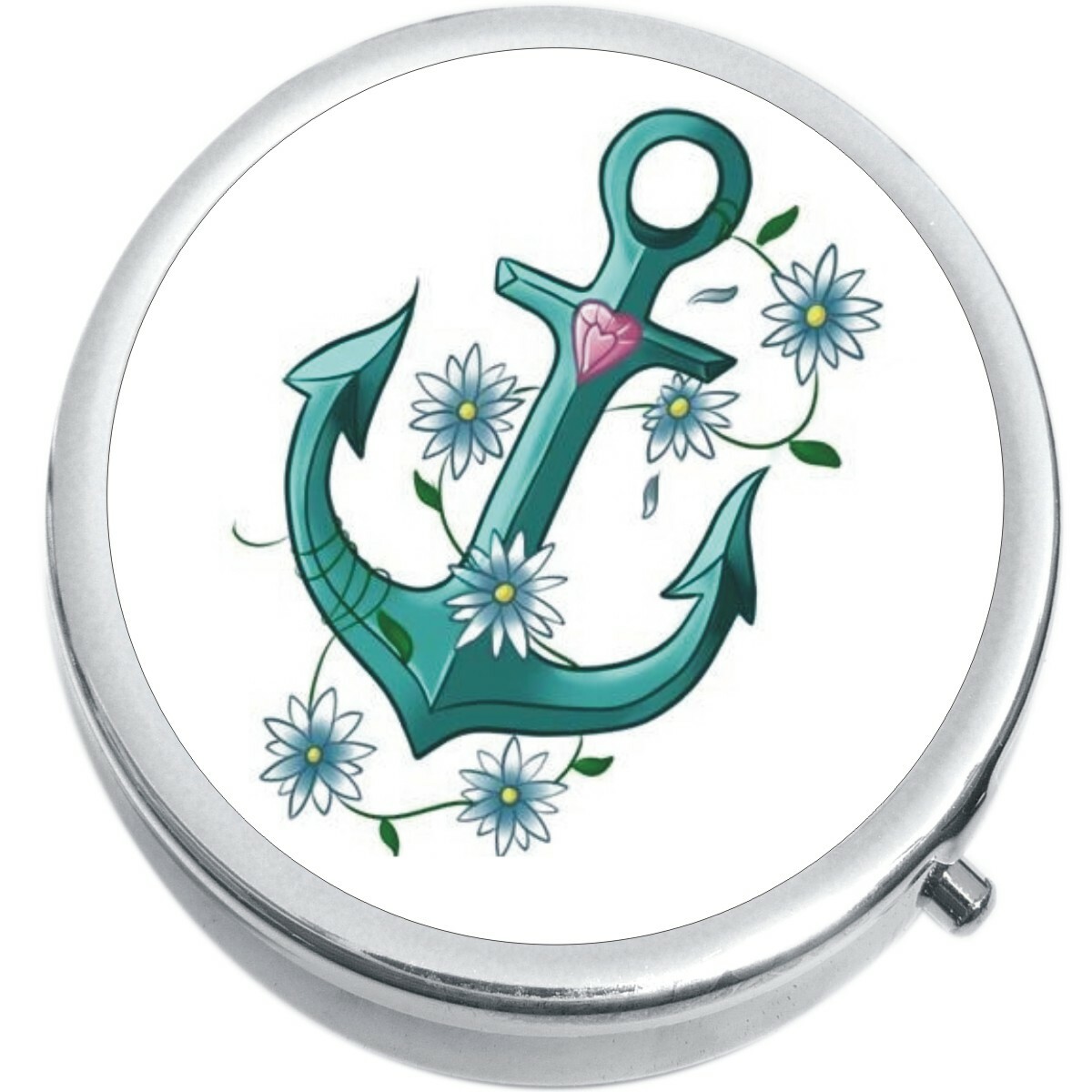 Teal Anchor Flowers Medicine Vitamin Pill Box