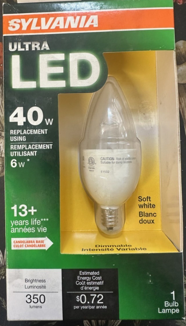SYLVANIA LED B13 40W/6WCandelabraBase LED6B13/BLUNT/DIM/827/G2/RP 2700K (3 PACK)