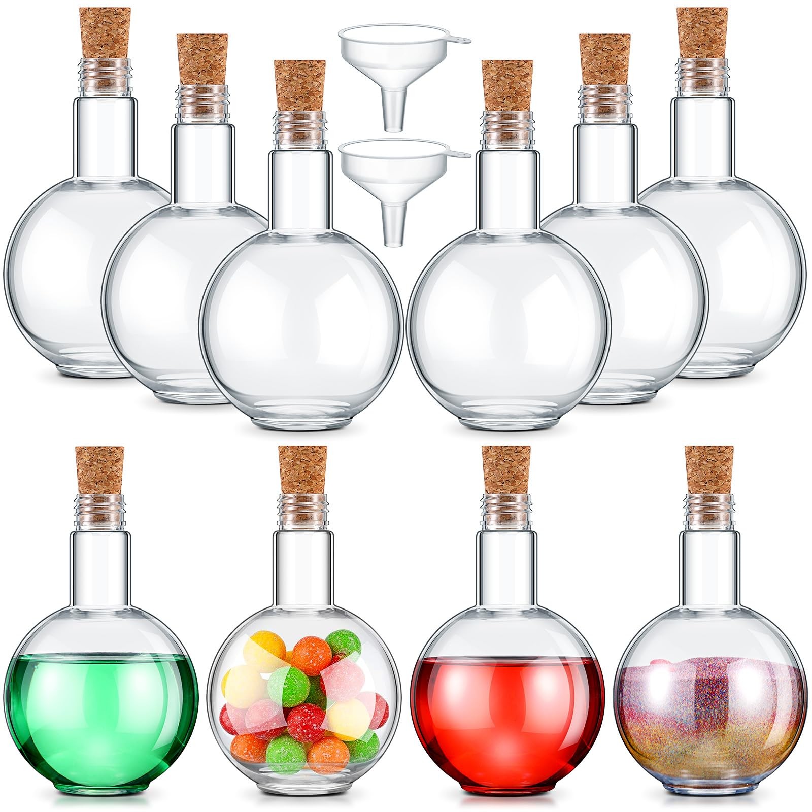 10 Sets 8 oz Plastic Spherical Potion Sand Art Bottles With Cork Funnel