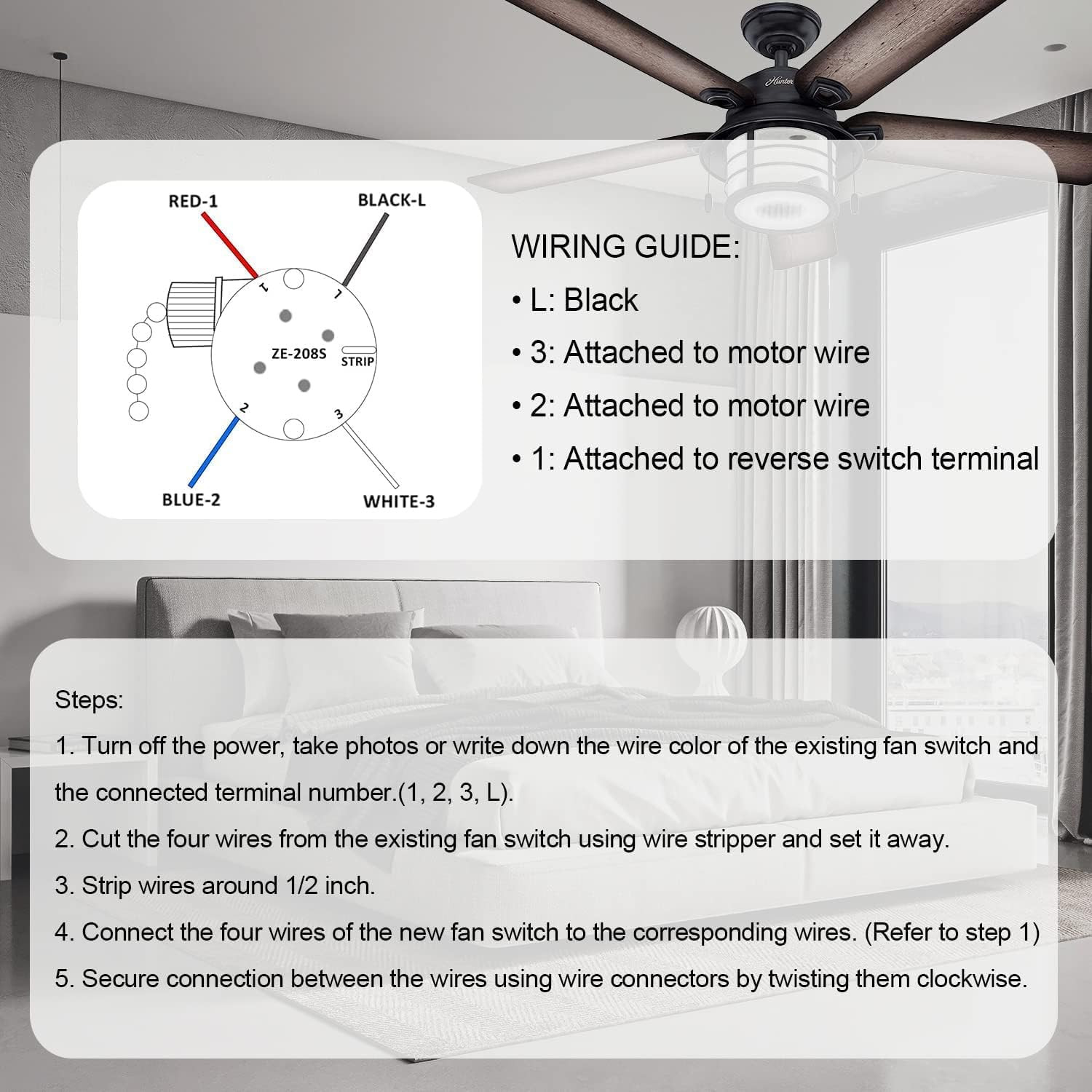 Ceiling Fan Switch 3 Speed 4 wire Replace Accessories,Compatible With Hunter Fan