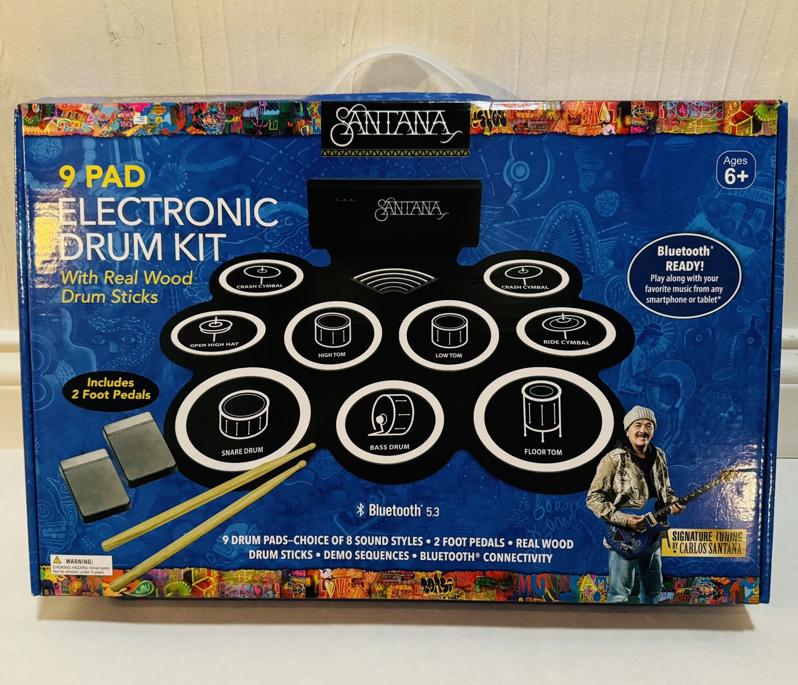 SANTANA - 9 Pad Electronic Drum Kit - Bluetooth & Audio Out - 2 Pedals & Sticks