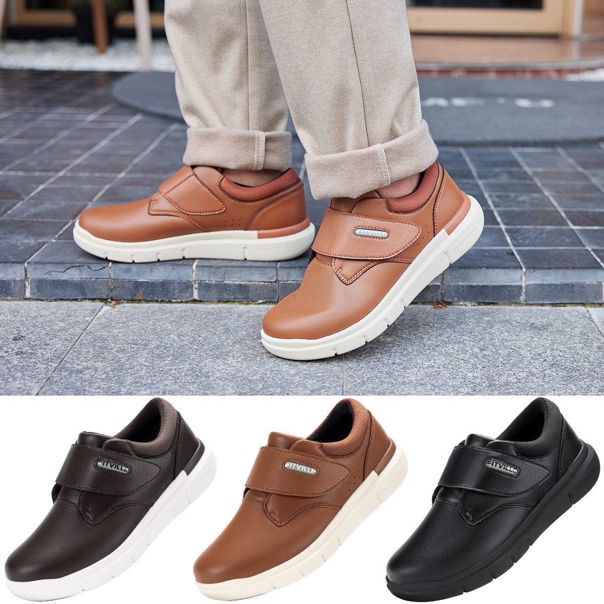 FitVille Mens Diabetic Shoes Extra Wide Leather Walking Shoes for Swollen Feet