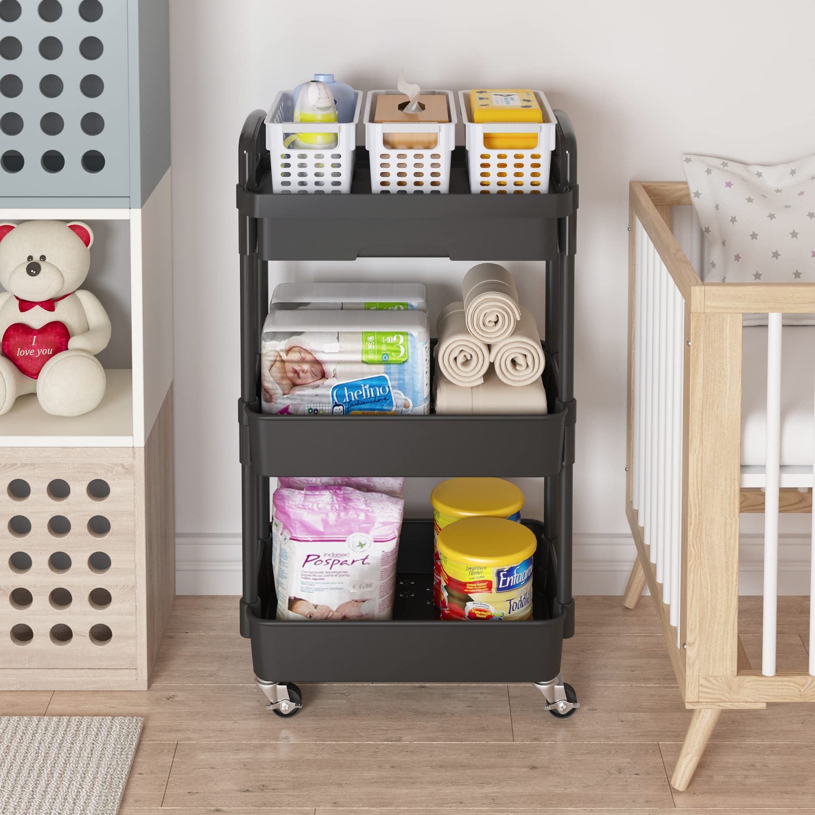 3-Tier Rolling Utility Cart with Drawer,Multifunctional Storage Organizer wit...