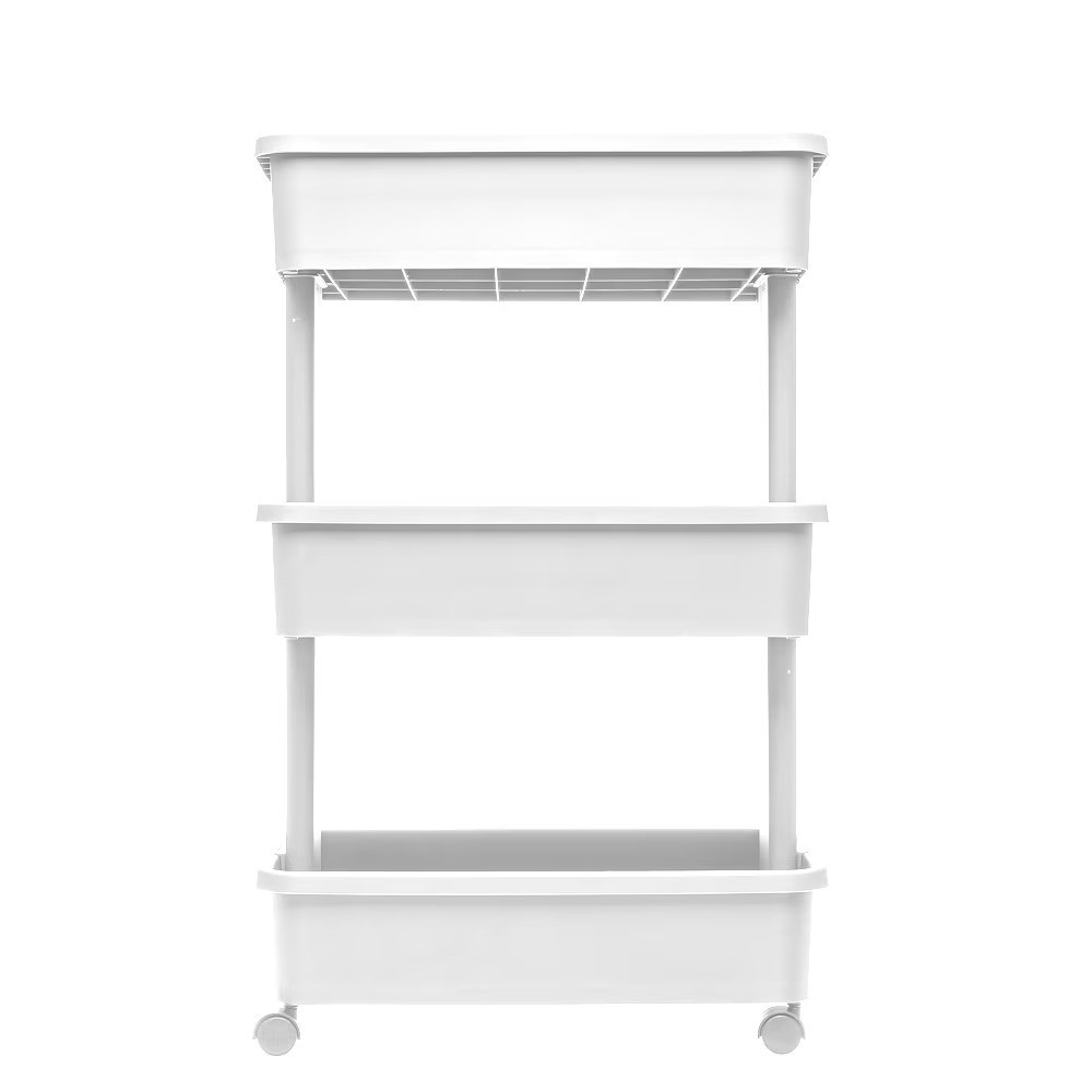 Plastic Rolling Laundry Cart with Wheels 3 Tier Foldable Storage Hamper White