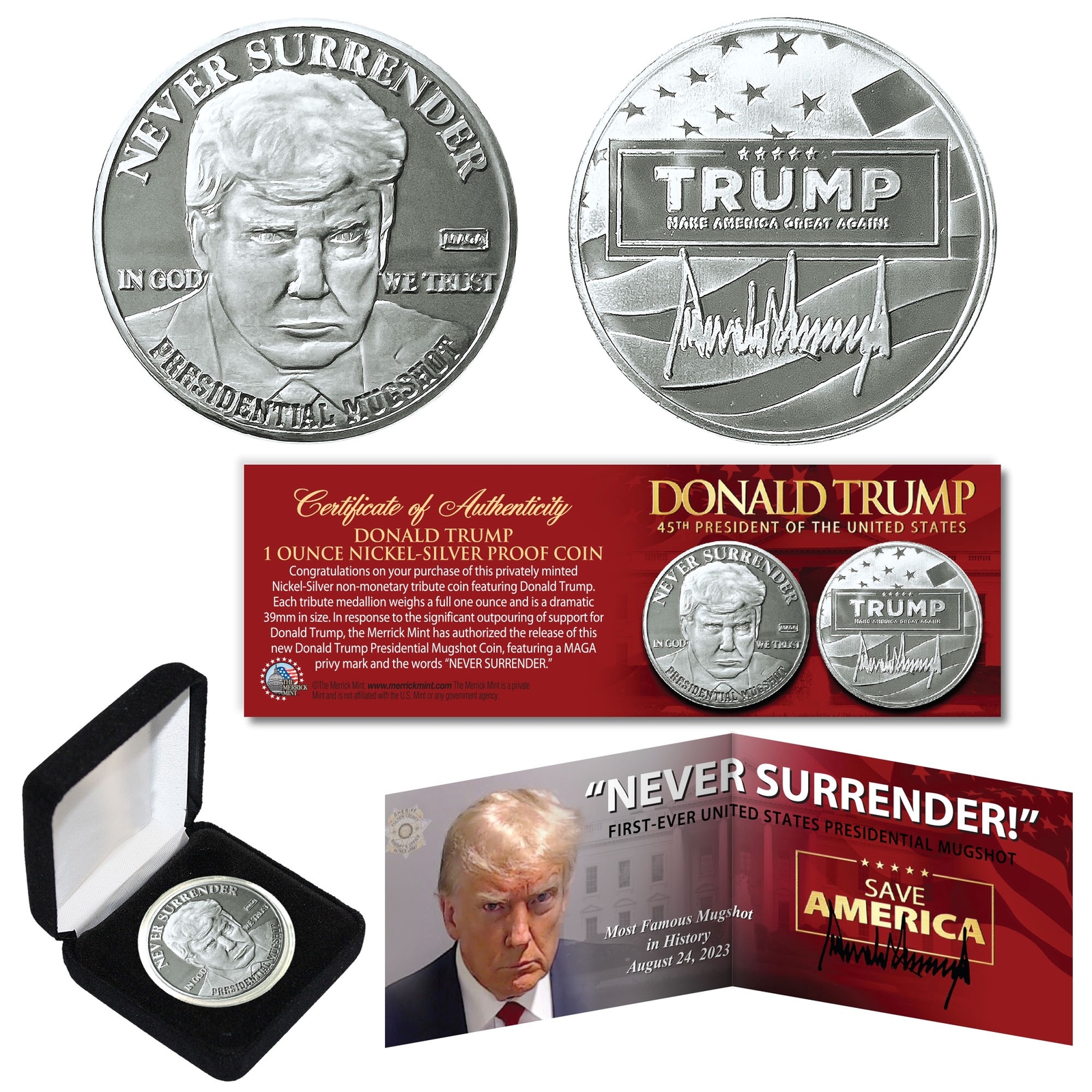 DONALD TRUMP Mugshot Nickel Silver 1 OZ 39mm Coin Panoramic Display COA with Box