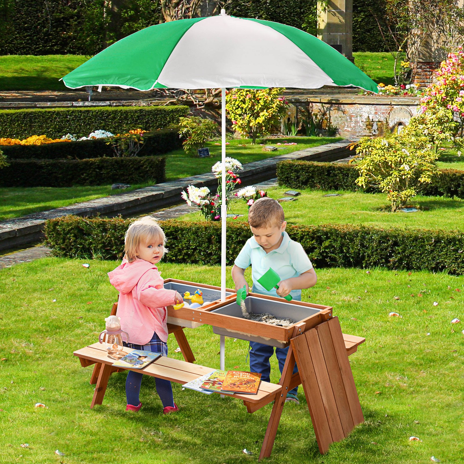 Fir Wood Kids Table Set with Parasol and Storage Space, Natural Wood Color