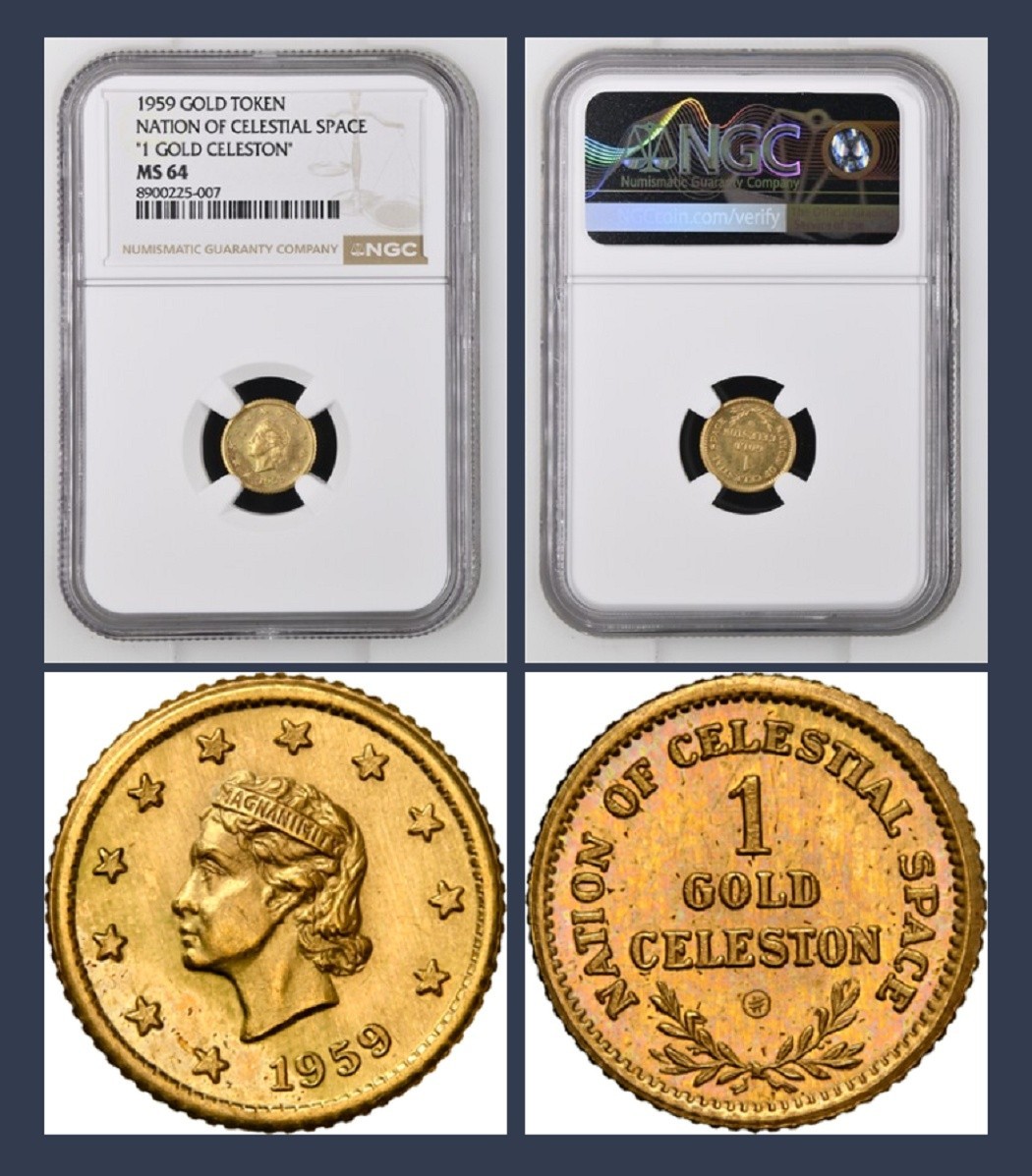 RARE 1959 Nation of Celestial Space, 1 Gold Celeston / NGC MS64/ HR6 Cal Gold