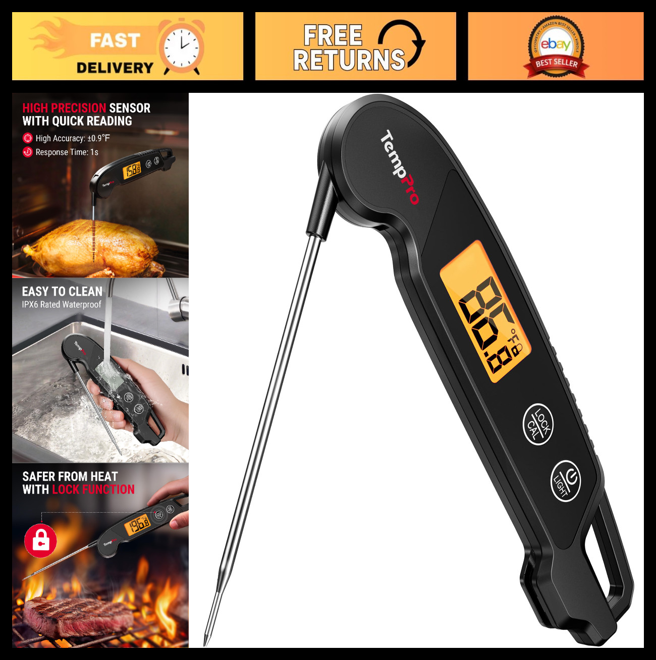 Instant Read Digital Meat Thermometer - Waterproof Cooking Thermometer with Back