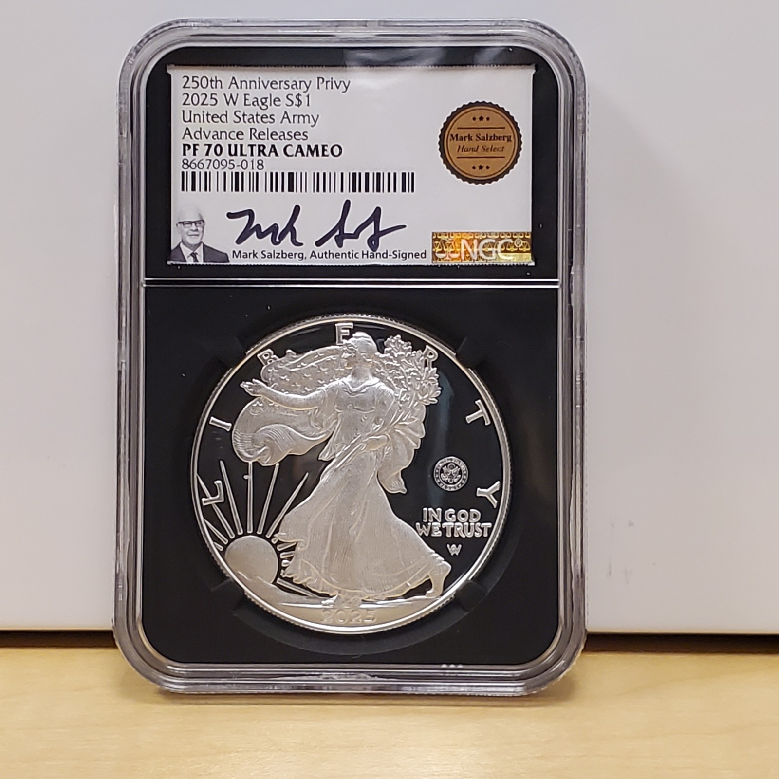 2025 W Silver Eagle 250th Anniv U.S. Army Privy NGC PF70 UCAM AR Salzberg Signed