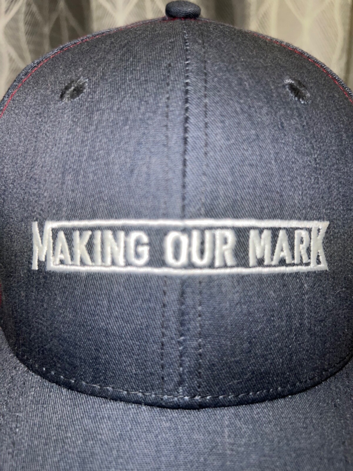 Making Our Mark White Embroidered Gray Cotton Hat Cap Hook Loop Adj EUC