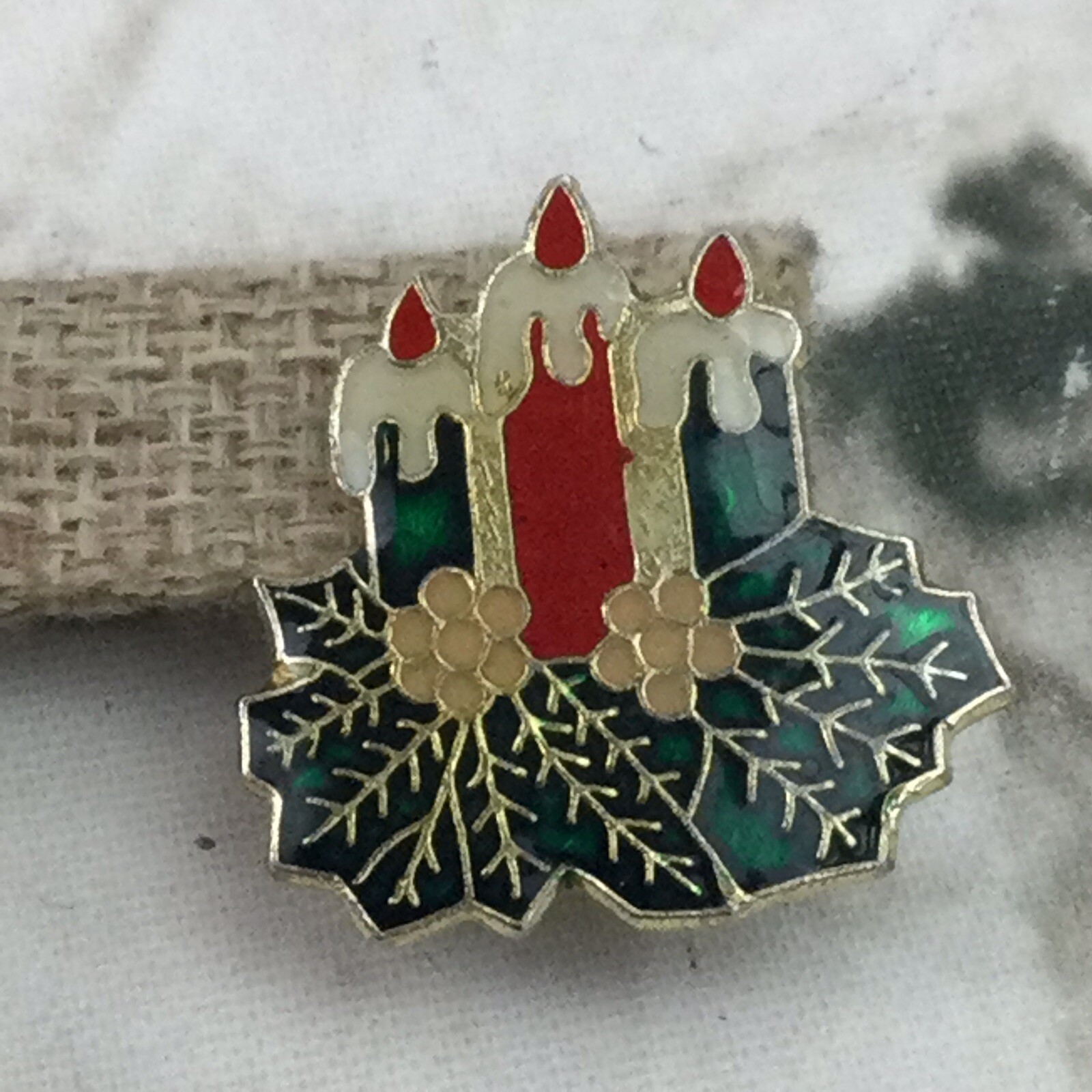 Christmas Lapel Pin 3 Candles Red Green Holly Leaves