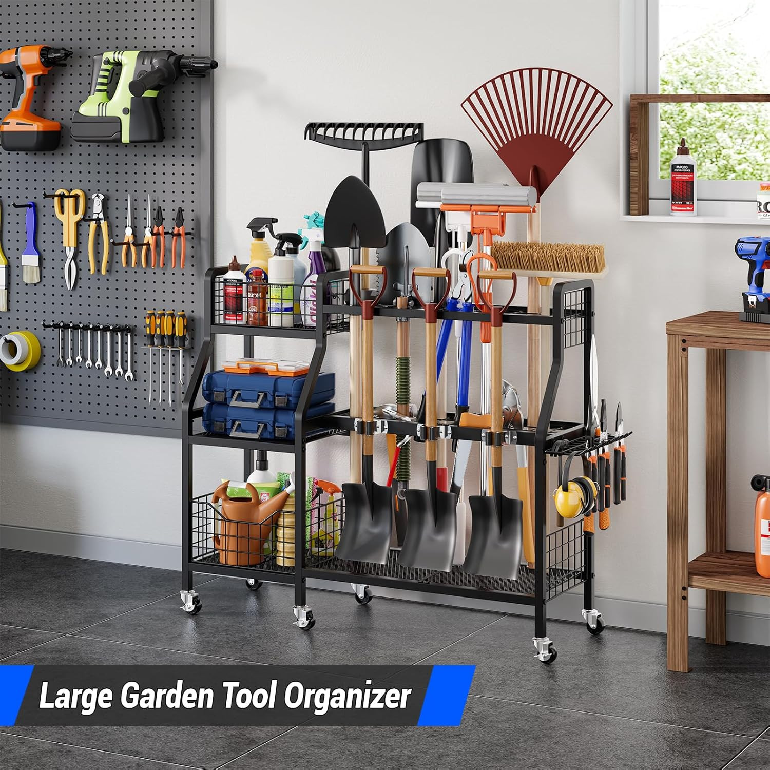 Garden Tool Organizer with 6 Wheels(3 Lockable), Heavy Duty Yard Tool Organizer