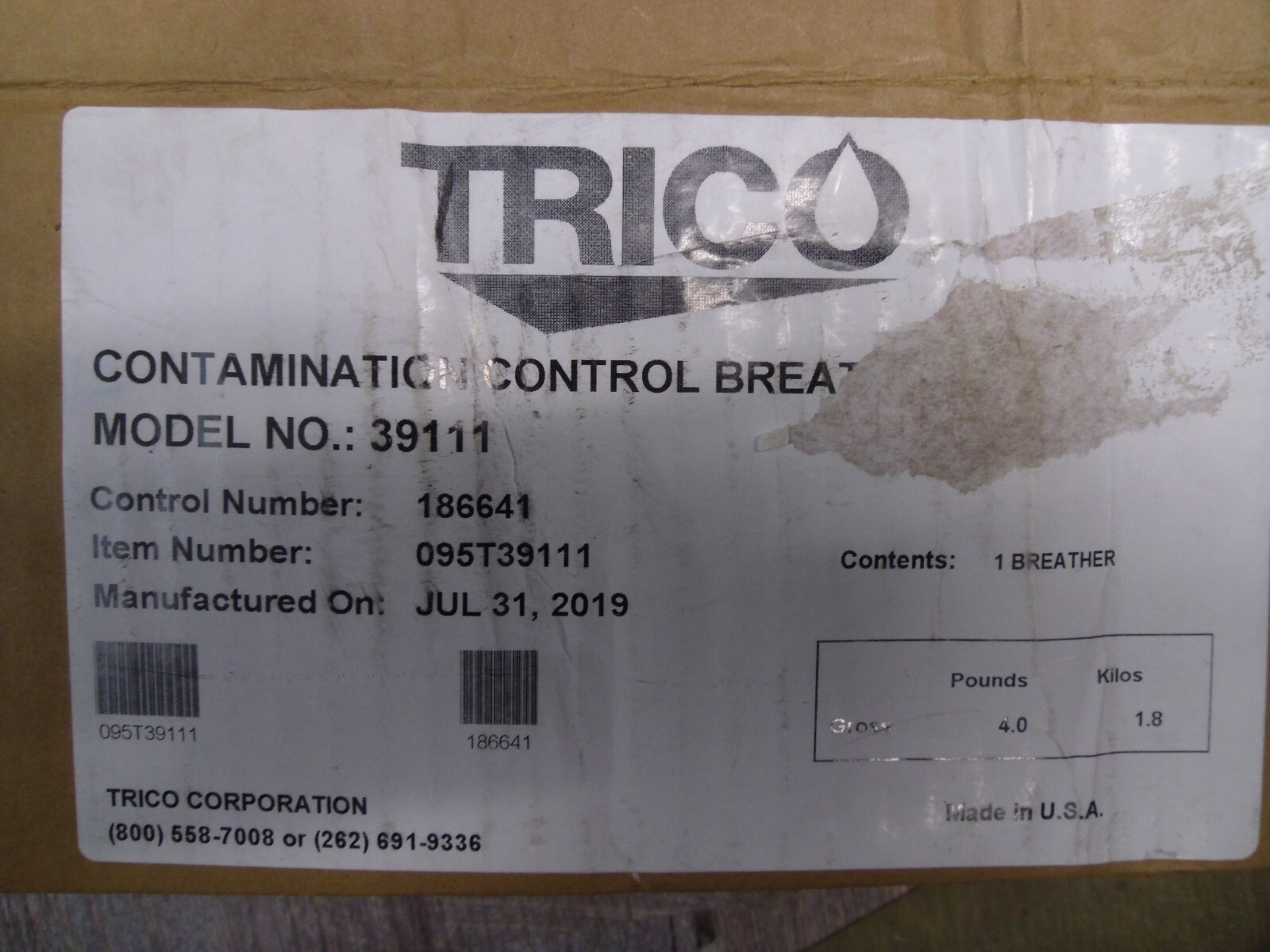 Trico 39111 Desiccant Extreme Humidity Breather 1" Slip Fit 20 CFM sealed bag F6