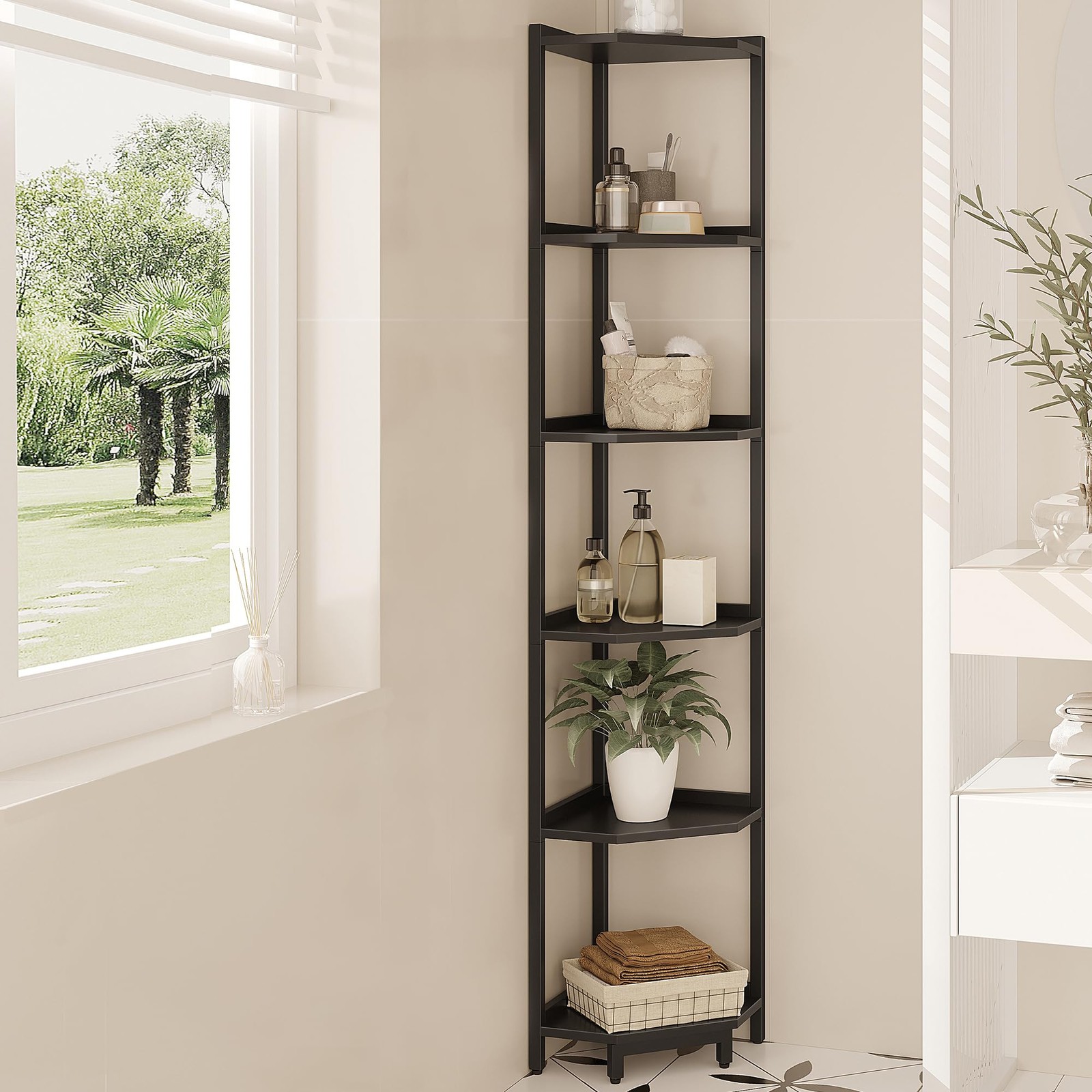 Corner Shelf Stand, Corner Bookshelf, Storage Standing Shelf Unit with Metal ...