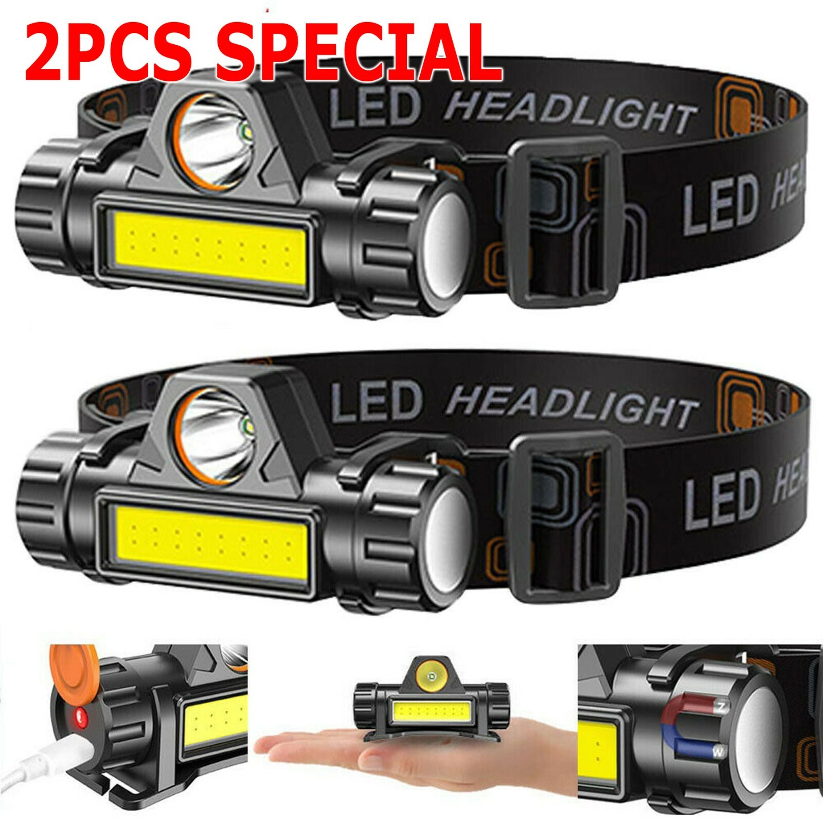 2 Pack USB Rechargeable Waterproof LED Headlamp Headlight Head Light Flashlight