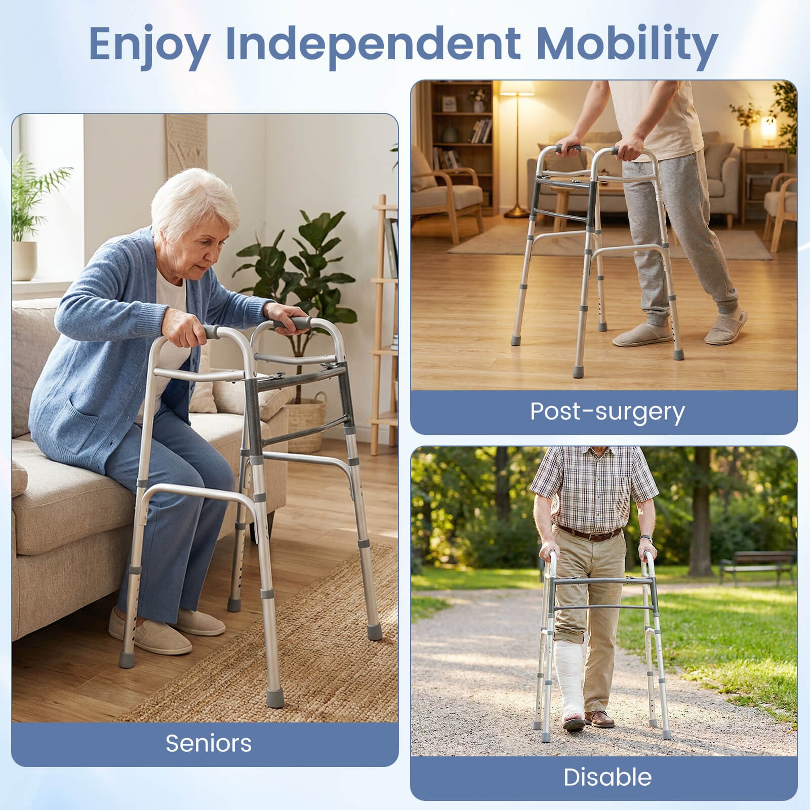 2-Button Folding Walker, 7-Level Adjustable Height, Lightweight Aluminum