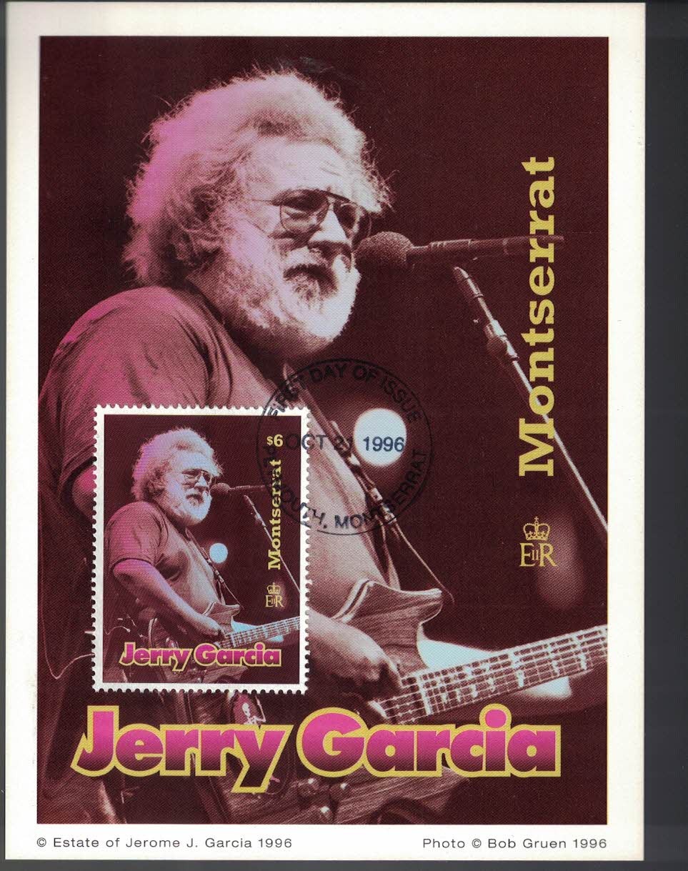 Jerry Garcia Stamp Photo Card, 4.5x6 Souvenir Sheet, 1996 Montserrat, COA, ex/nm