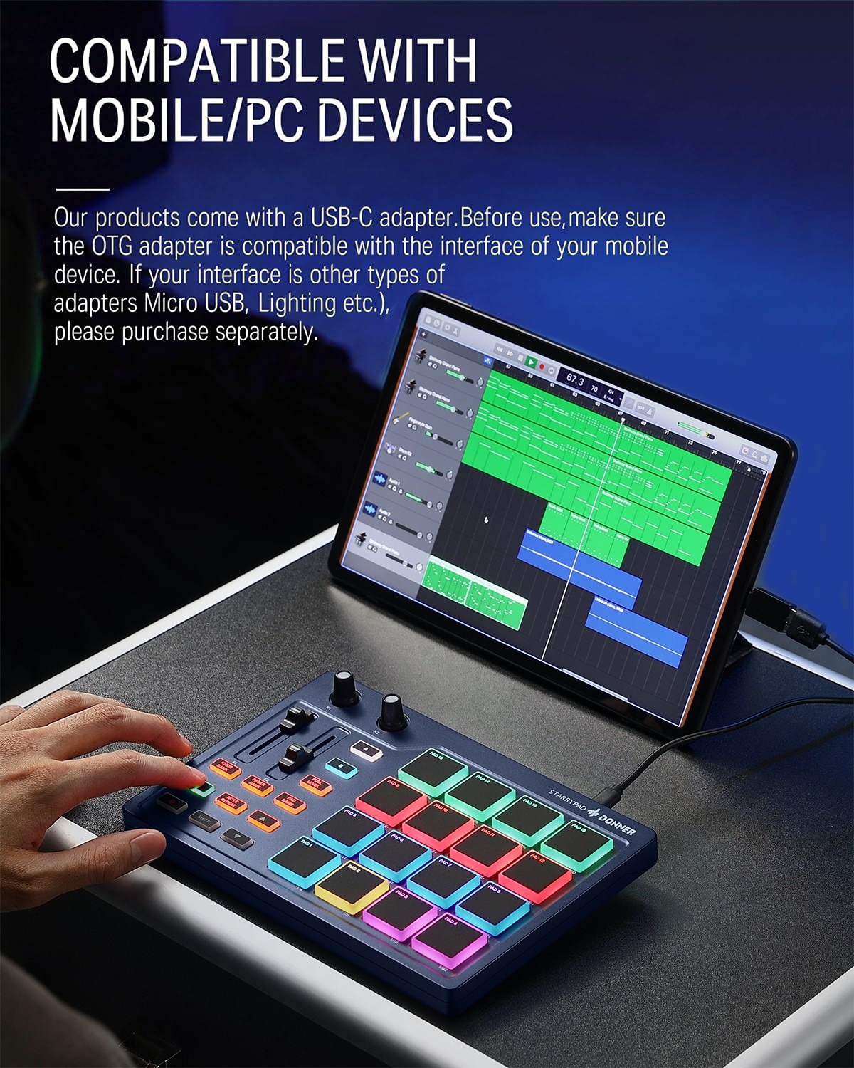 Donner STARRYPAD Blue MIDI Controller 16 Pads Music Production Software