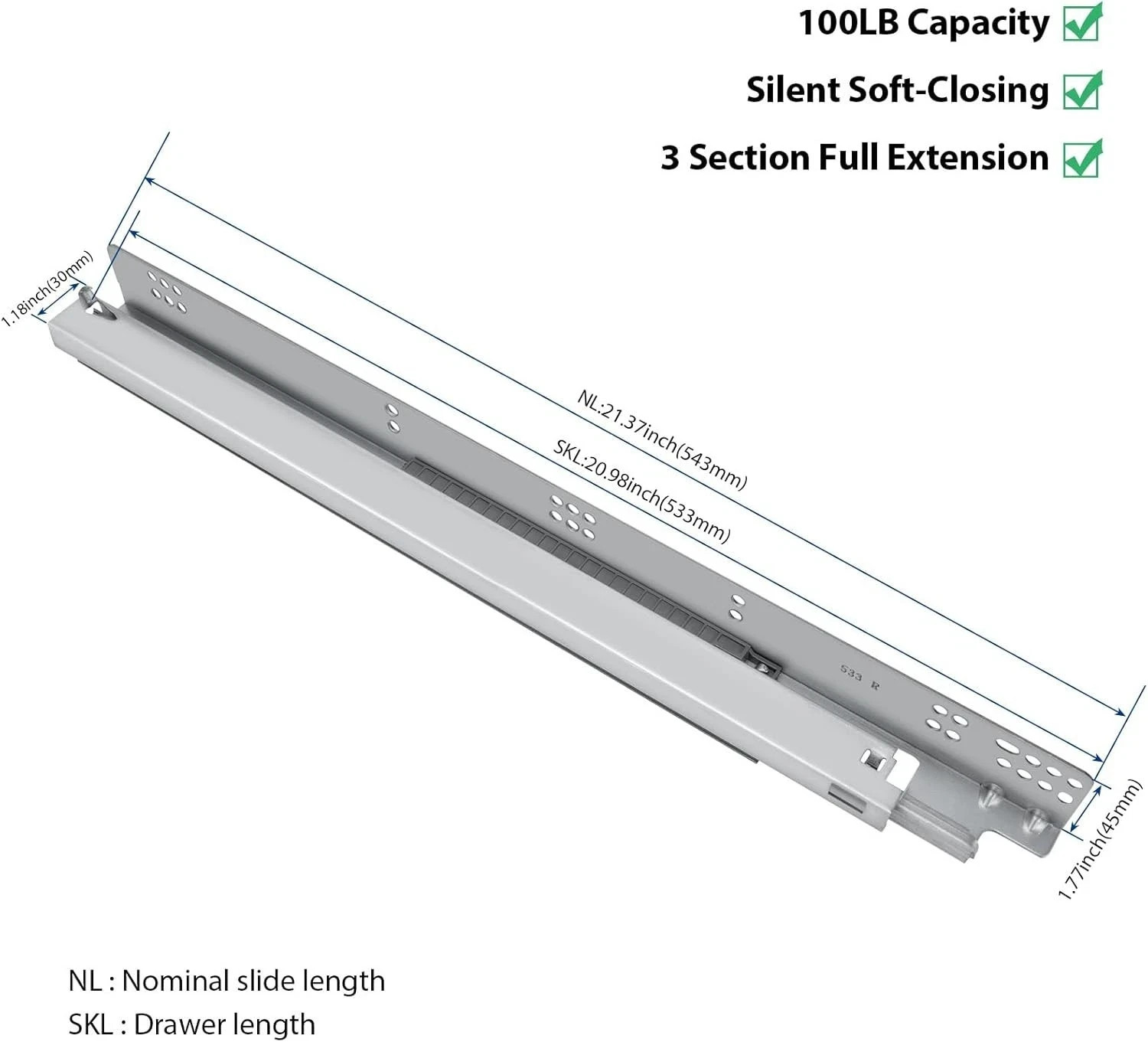 21" Undermount Soft Close Drawer Slides with 3D Locking Devices and Rear Bracket
