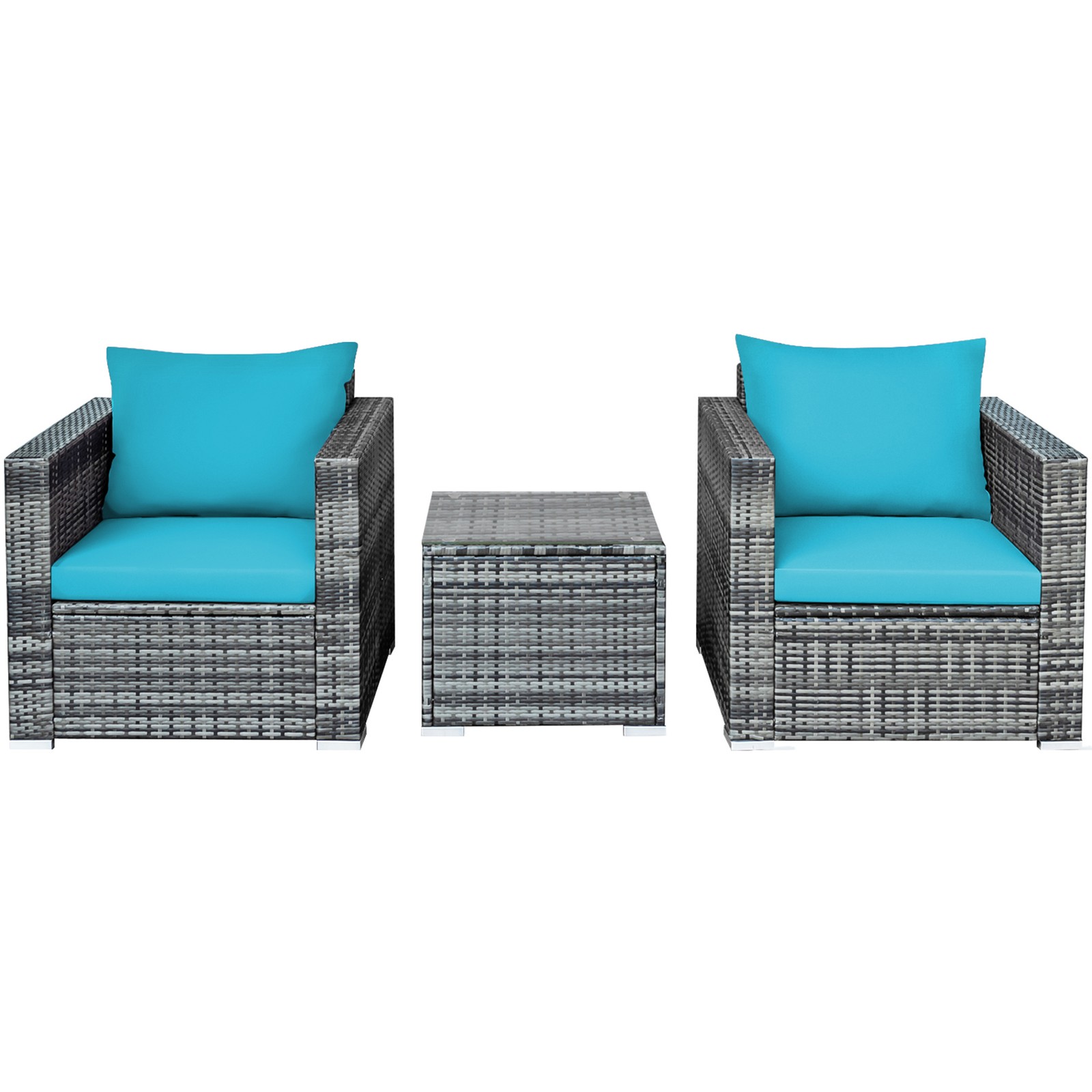 3PCS Rattan Patio Conversation Furniture Set Outdoor Yard w/ Turquoise Cushion