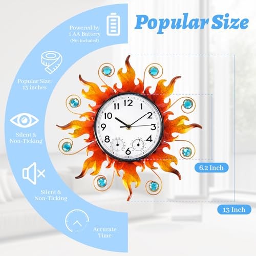 Sun Outdoor Clock with Thermometer and Hygrometer Combo，13'' Wall-Mounted