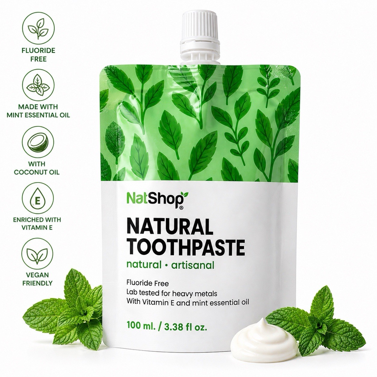 NatShop Natural Toothpaste Fluoride Free Mint Vitamin E 100ml Vegan Mexico