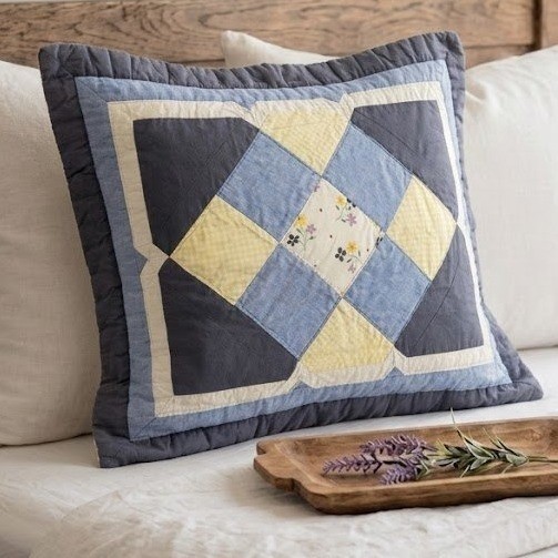 Quilted Patchwork Pillow Case Blue Gingham Floral Cottagecore Standard Sham