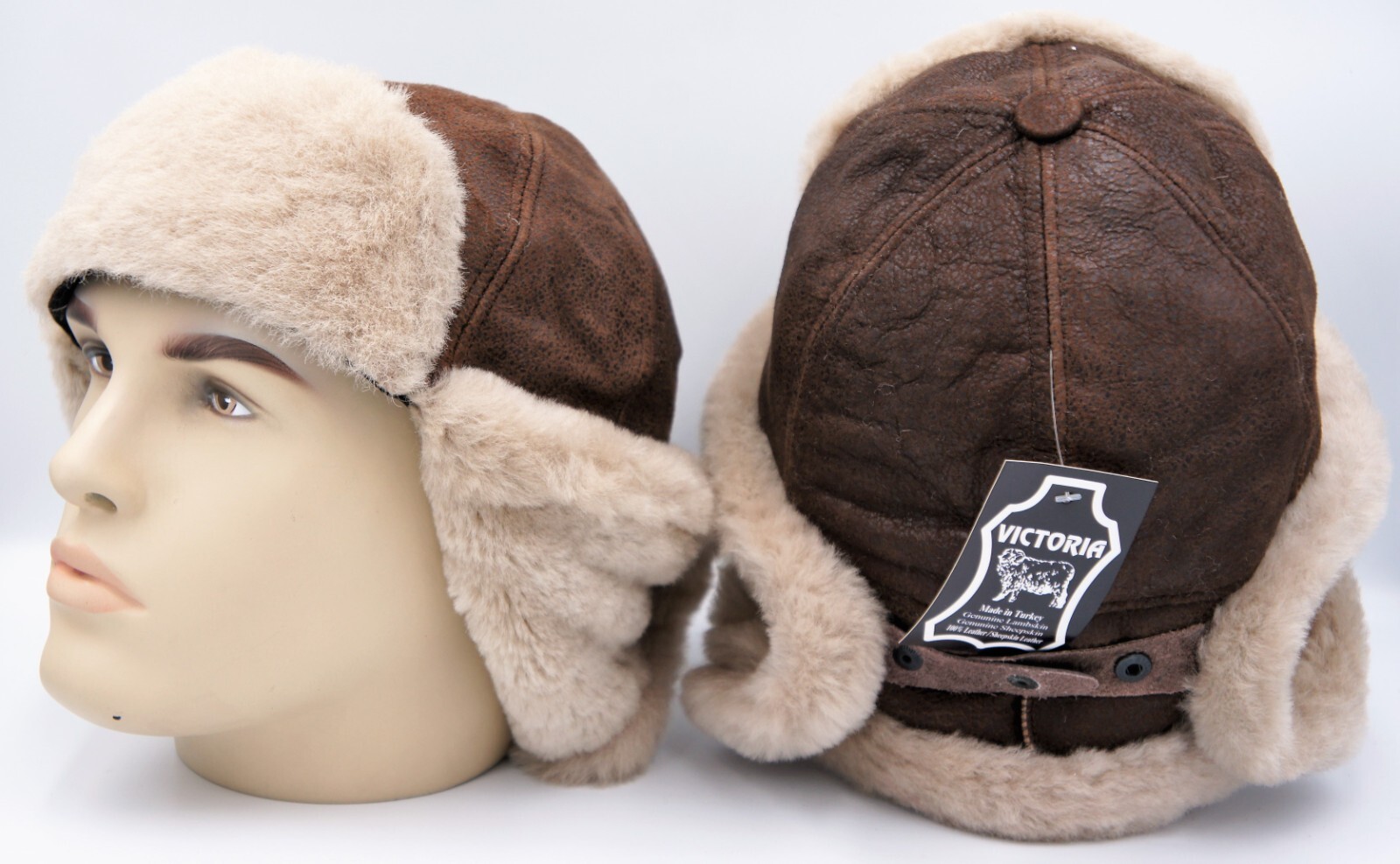 100% Sheepskin Shearling Leather Hat Trapper Ushanka Hunting M-3XL ESPRESSO/TEAK