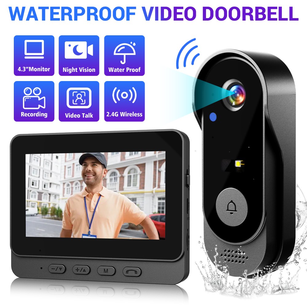 Wireless Video Doorbell Intercom System w/ 4.3" Monitor Waterproof Night Vision