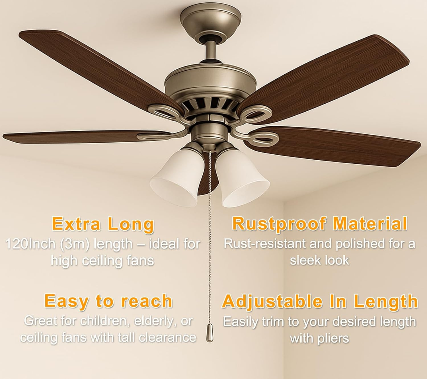 120" Ceiling Fan Pull Chain Extender - Stainless Steel Ball Chain with 12 Connec