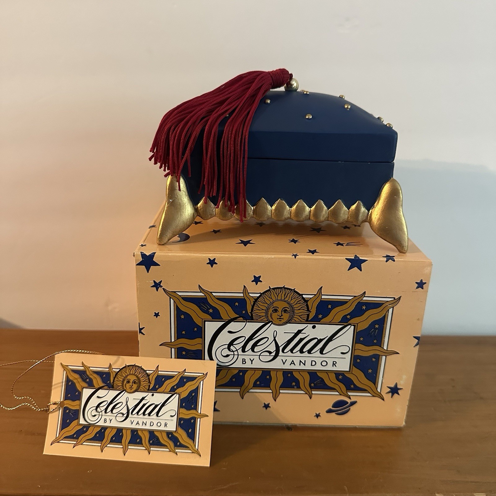 Vtg 1992 Celestial Vandor Trinket Jewelry Box Blue Gold Tassel Whimsy Sun Moon