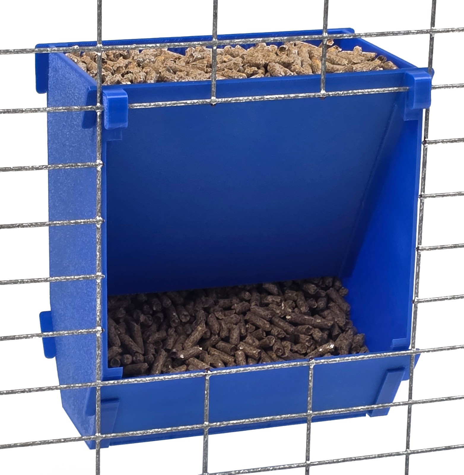 Blue USA Made 6-Inch Cage Hanging Rabbit Feeder with ID Tag for Rabbit Pellets