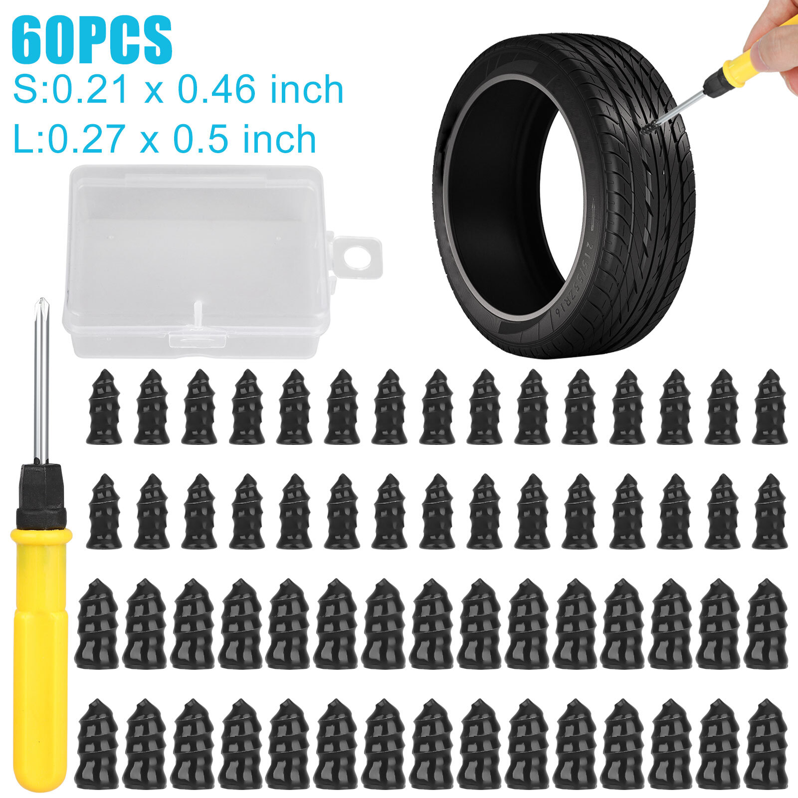60PCS/Set Car Vacuum Tire Repair Nail Rubber Screw Nails+ Screwdriver Tool w/Box