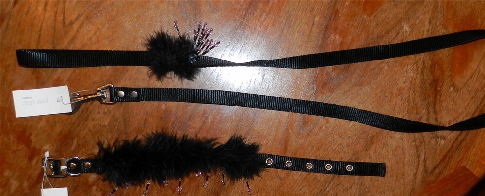 Collar and Leash Set Ganz Black Feather Dangle Dog size Medium New