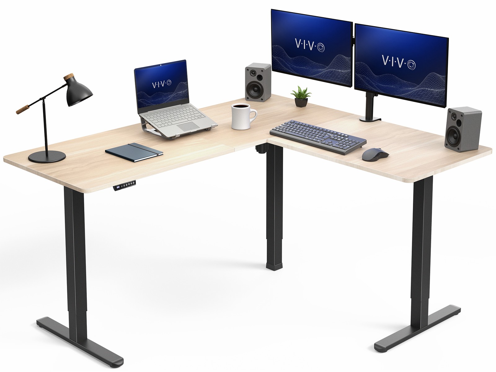 VIVO Electric 63" x 55" Corner Standing Desk, Light Wood Table Top, Black Frame