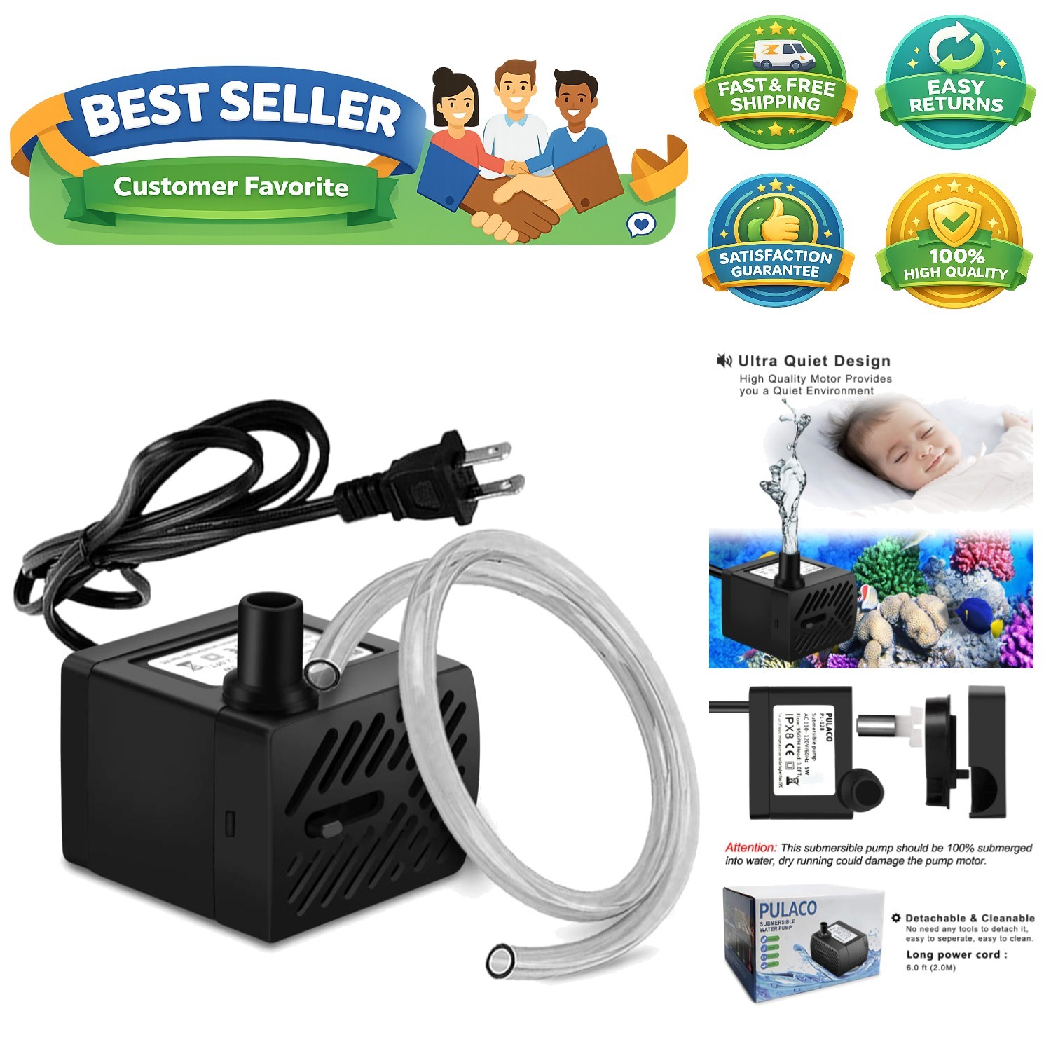 50GPH 3W Mini Submersible Water Pump for Aquariums, Fish Tank, Pond, Fountain...