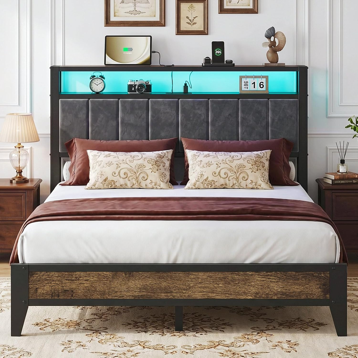 Queen Bed Frame with Storage Headboard, LED & Charging Station | Smart LED, Type