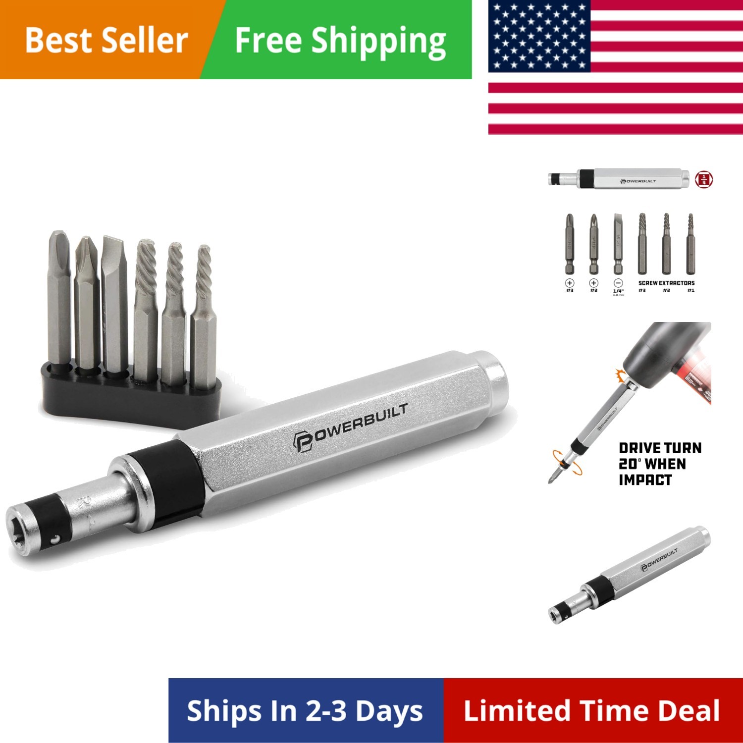 1/4 Inch Drive 7 Piece Impact Driver Set Extractor Tool, Remove Rusted, Damag...