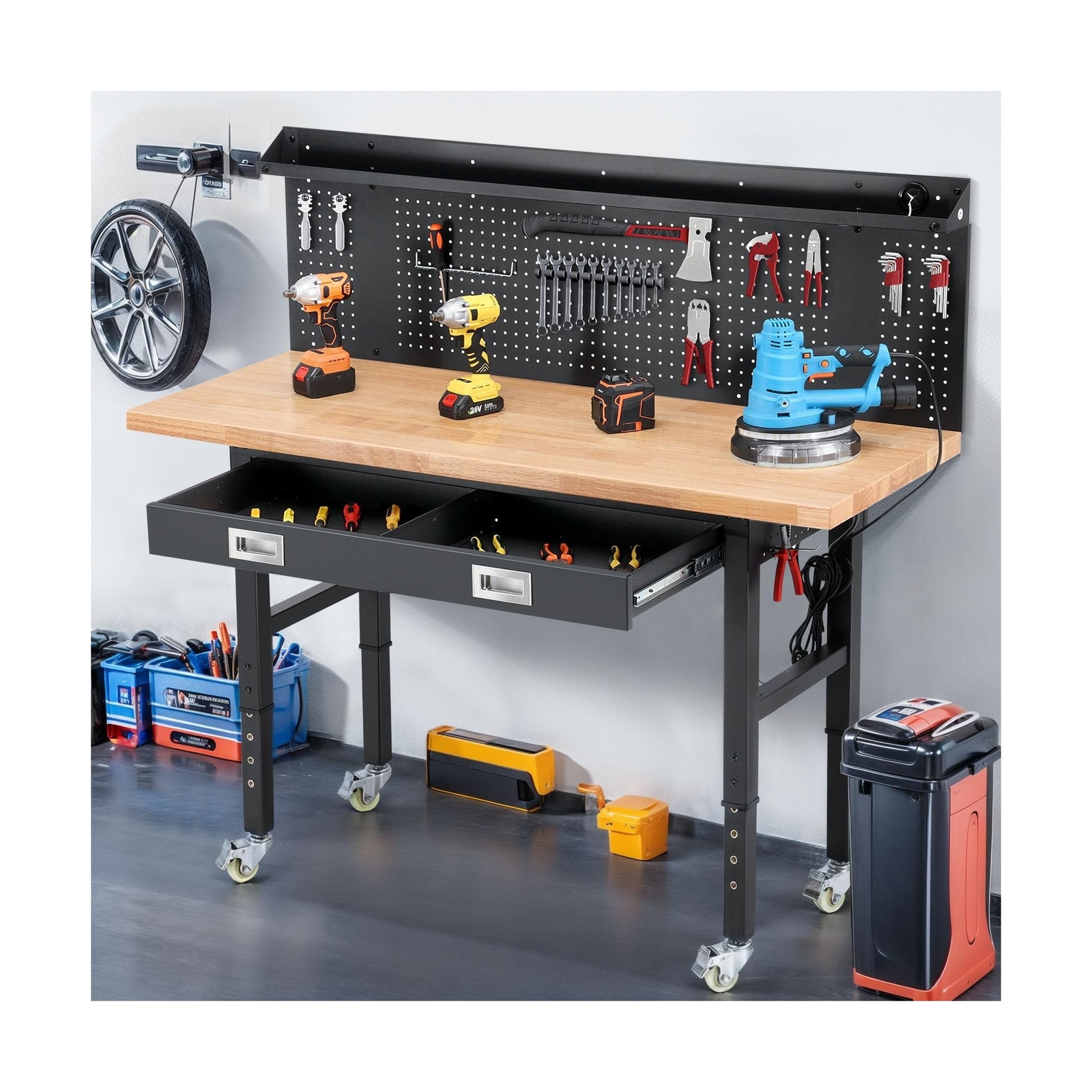 Workbenches for Garage Work Bench with Wheels 60 Inch Adjustable Rubber Wood ...