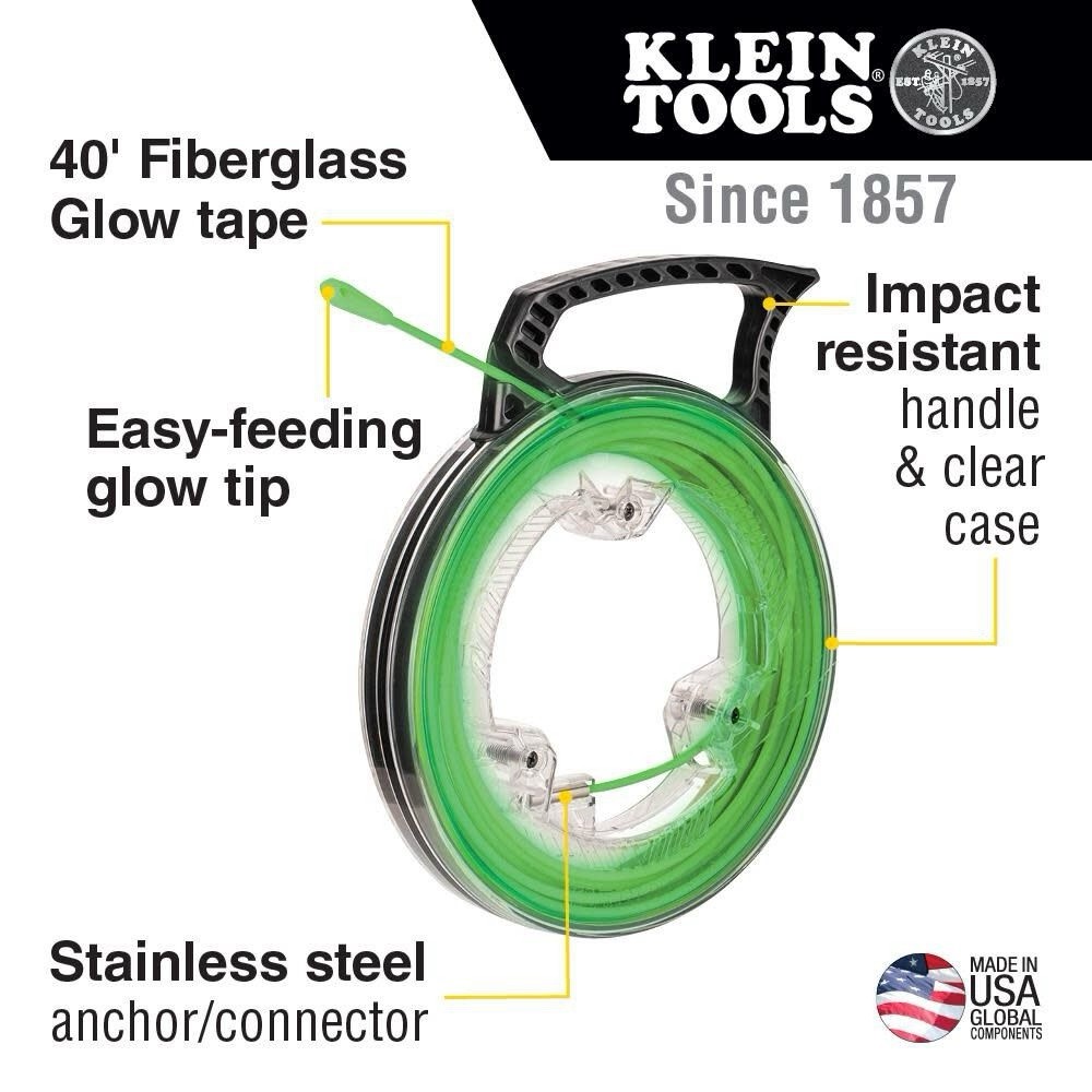 Klein Tools 40' Glow Fish Tape Green/Clear, Removable Tip, Impact Handle