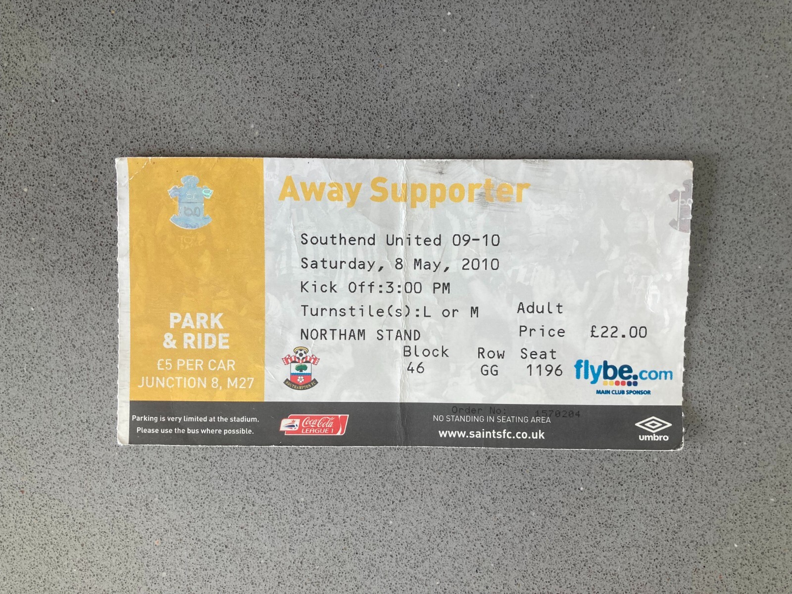 Southampton v Southend United 2009-10 Match Ticket