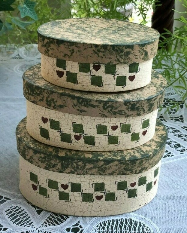 SET OF 3 HANDPAINTED CHEESE BOXES -  STENCILED CHECKS/HEARTS