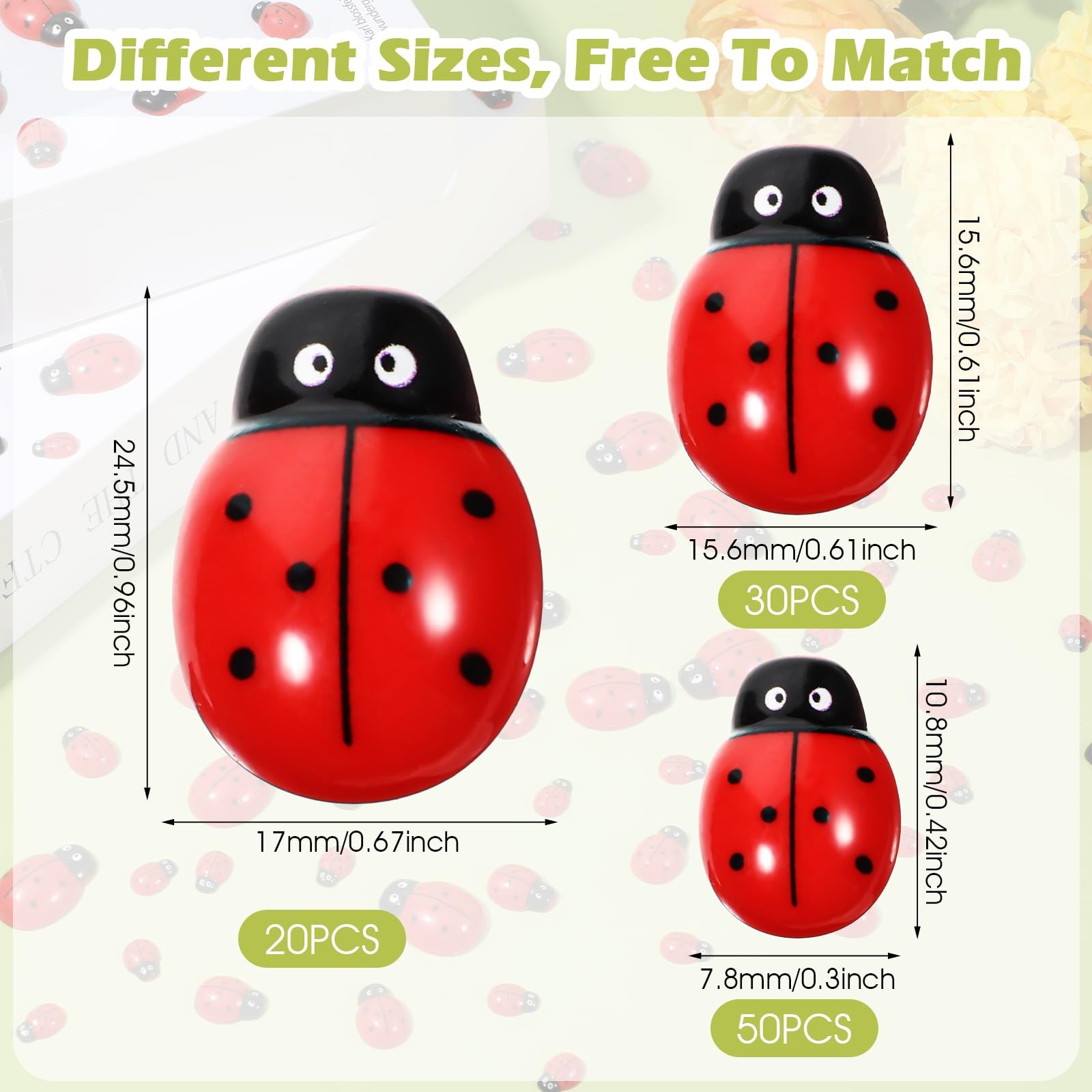 100 Pieces Ladybug Decor, Tiny Resin Ladybugs Decor, 3 Size Plastic Ladybugs Sha