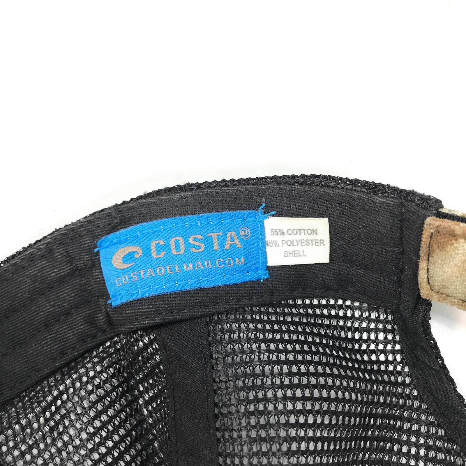 COSTA DEL MAR Camo Black Mesh Strapback Trucker Cap Hat w/ Fish Hook Accent