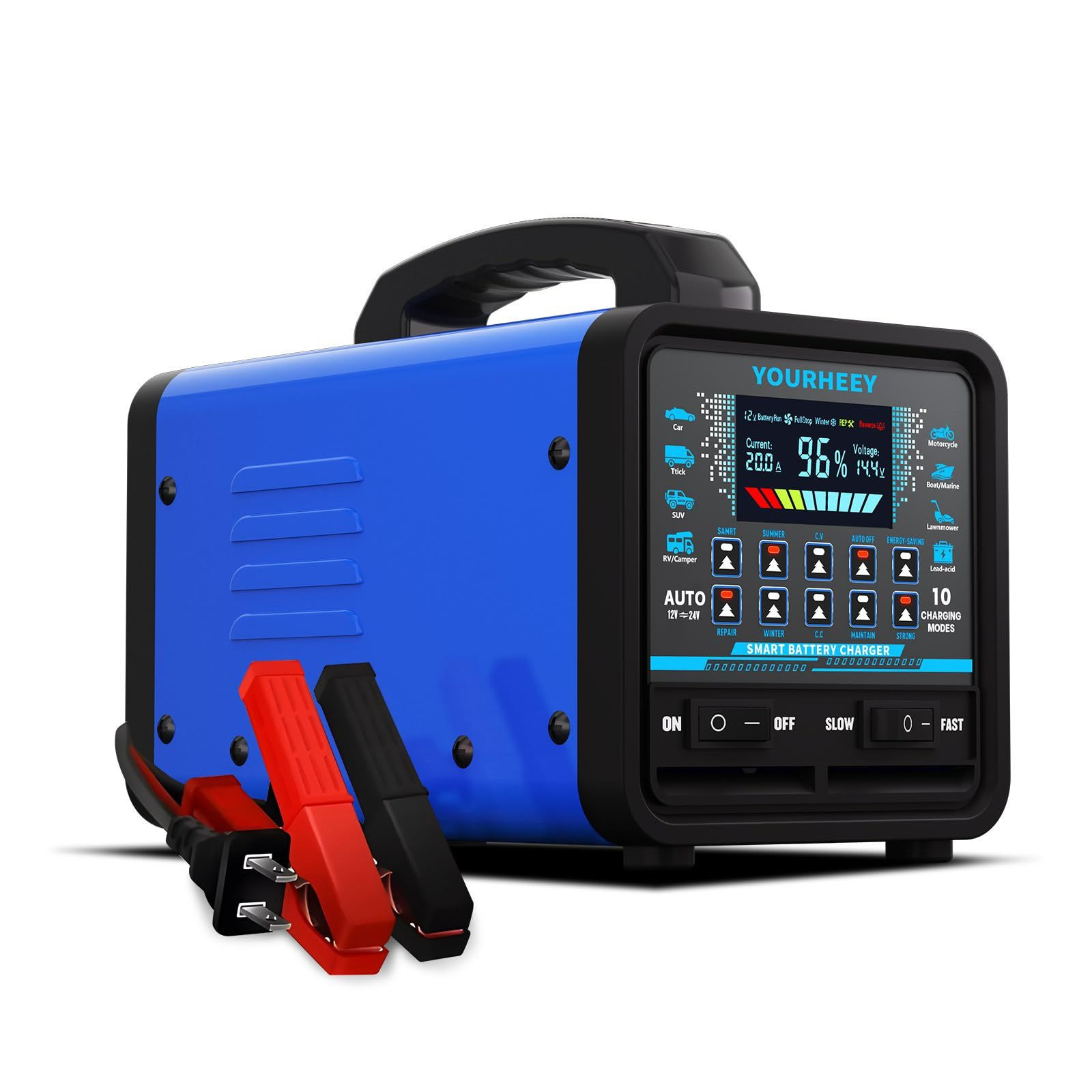 2026 Upgraded 12V/24V 0-20A Heavy Duty Battery Charger/Maintainer with BLUE