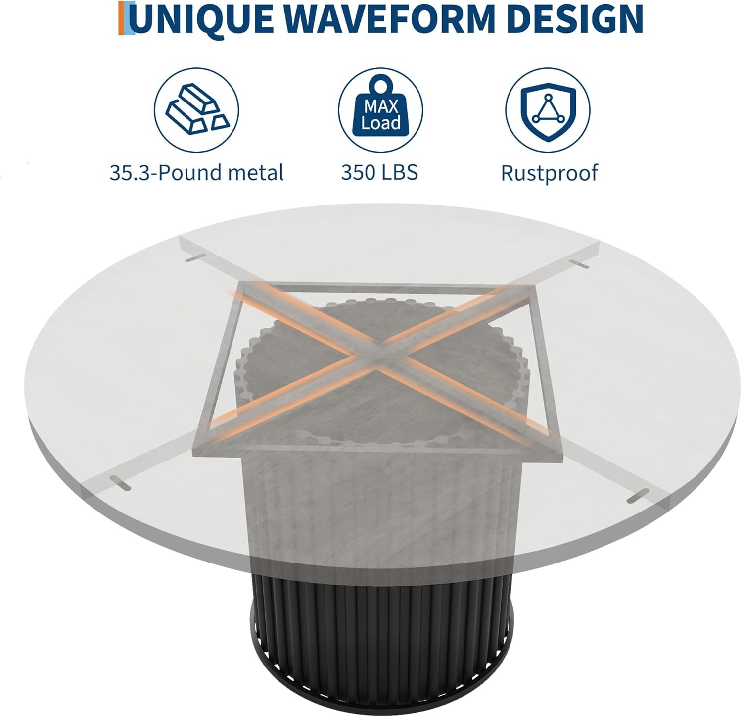 Round Dining Table 47", Wooden Kitchen Table Waveform Metal Base for Apartment