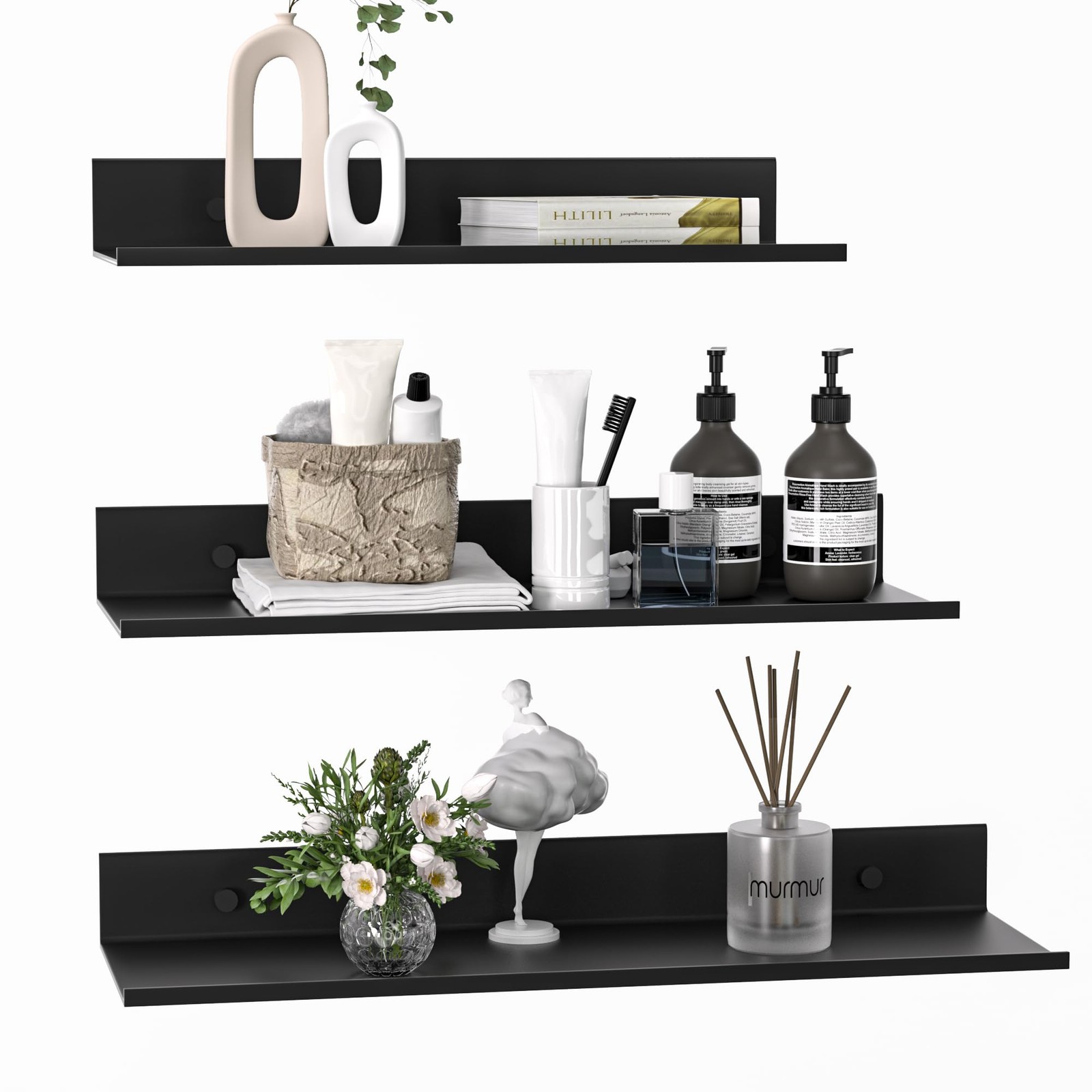 Wisfame Floating Shelves for Wall Set of 3, Black Metal Wall Shelves for Bath...