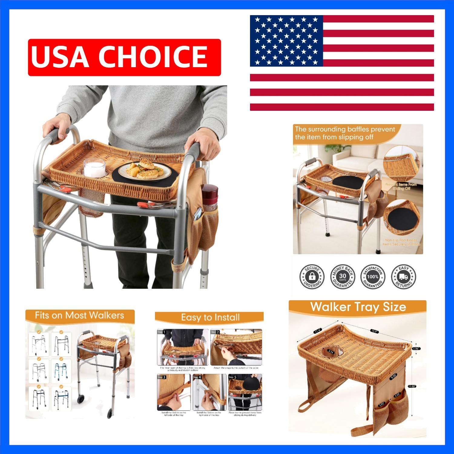 Handwoven Rattan Walker Tray for Folding Walker, Tray for Walker for Seniors ...